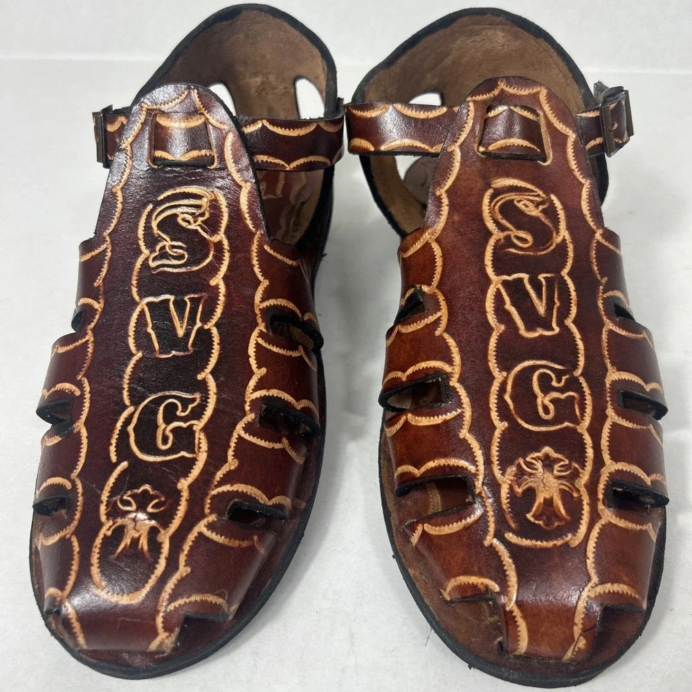 Vintage Artisan Mexican Huarache Sandals Brown Leather Fisherman Tooled Boho 10
